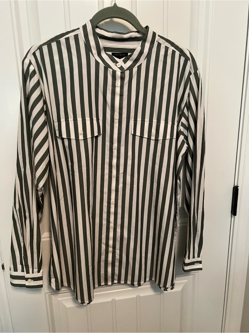 Ann Taylor Olive and White Vertical Stripe Button-Front Shirt